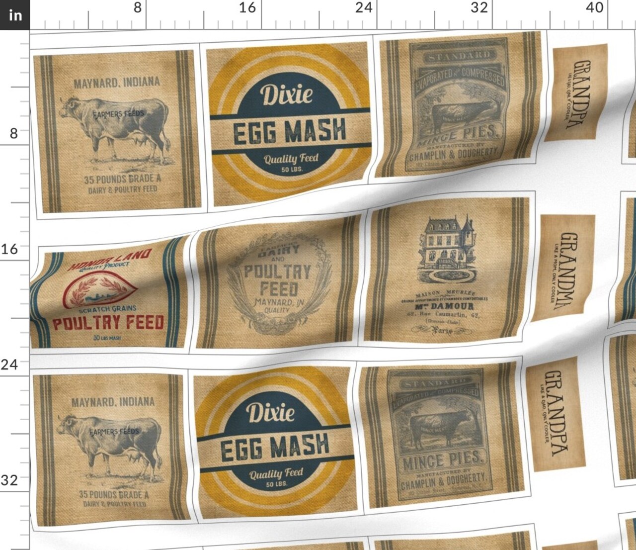 Various Fabrics by the Yard or Fat Quarter Grain Sack Vintage Style Farmhouse Labels Food Label Flour Egg Barn Cow Chicken Animal Feed Custom Printed Fabric by Spoonflower